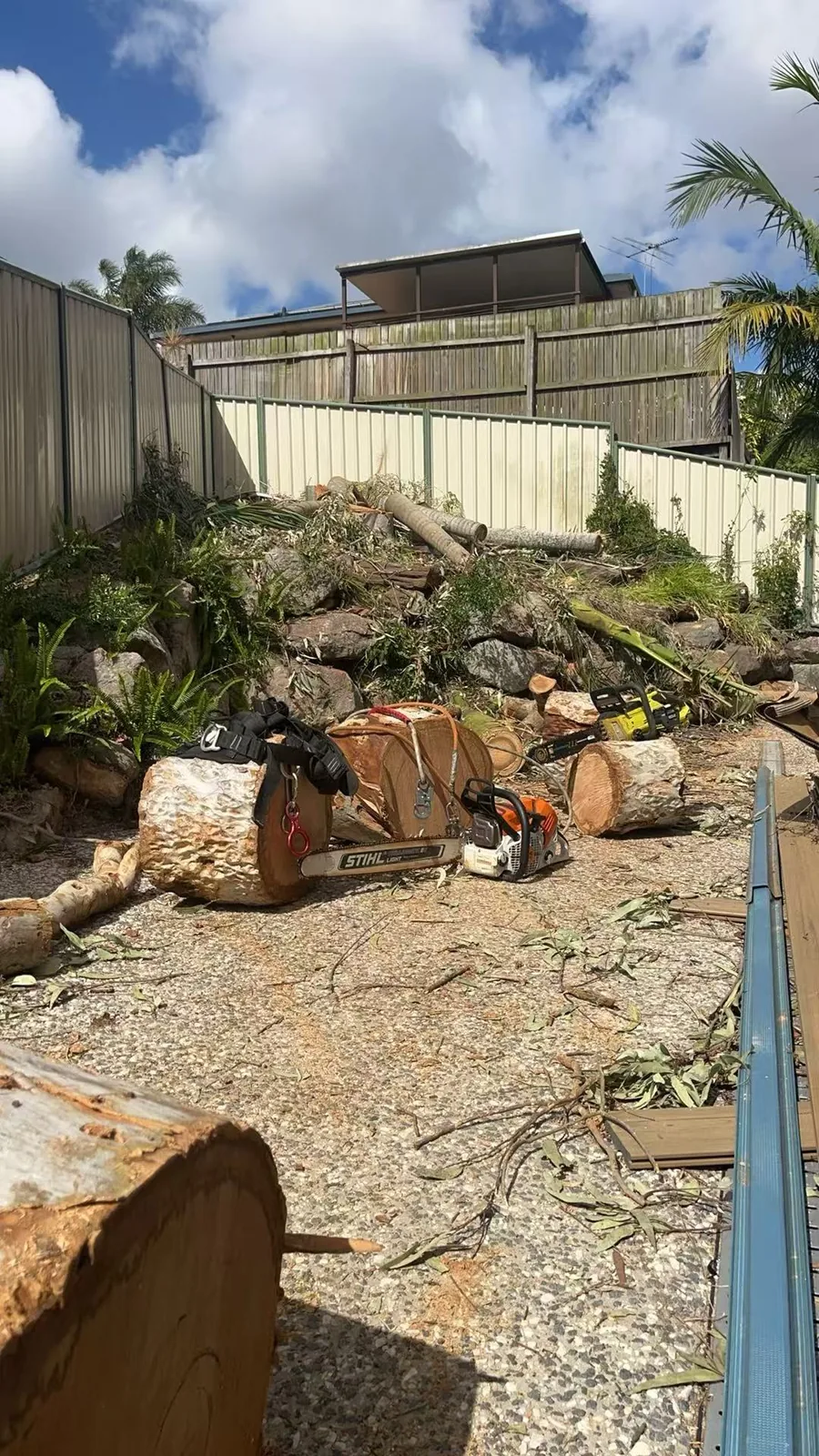 Chainsaw and cut log sections in a tight-access backyard work area